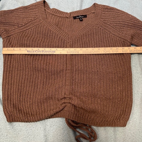 Love Tree Bohemian Knit Sweater Taupe V Neck Cinched Drawstring Cropped Sleeve S - Picture 7 of 9